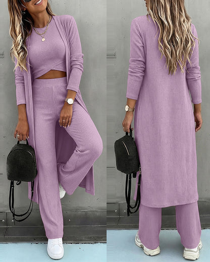CHICMELIVE Women's 3 Piece Lounge Set Ribbed Cardigan Tank Wide Leg Pant