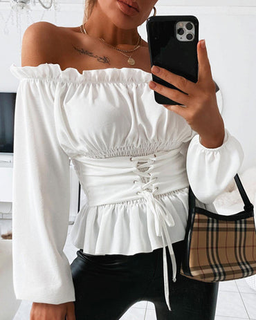 Frill Trim Off Shoulder Long Sleeve Lace-up Front Blouse Casual Shirred Waist Flared Hem Top