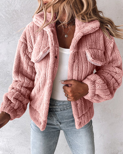 Textured Striped Turn-down Collar Button Front Elastic Cuff and Hem Teddy Fleece Jacket With Decorative Flap Pockets