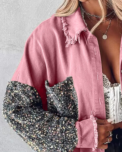 Casual Jacket Sequin Patchwork Long Sleeve Jacket Top Button Front Raw Hem Oversized Denim Shacket