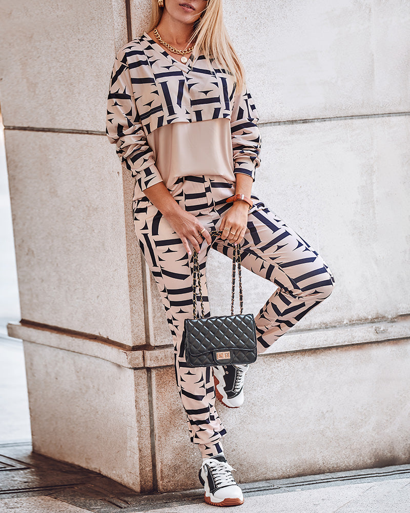 Geo Letter Print Long Sleeve Top & Pants Set