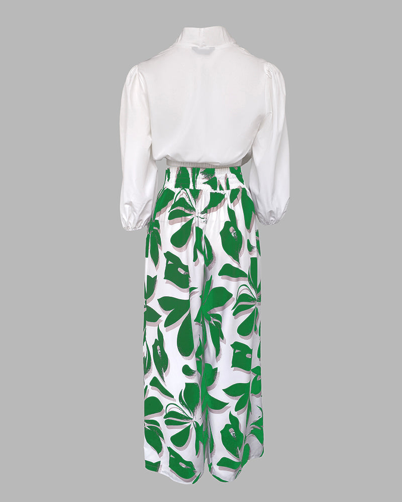 2 Pieces Outfit Wrap Plunge V Neck Crop Blouse and Casual Floral Print Wide Leg Pants Set