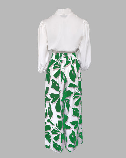 2 Pieces Outfit Wrap Plunge V Neck Crop Blouse and Casual Floral Print Wide Leg Pants Set