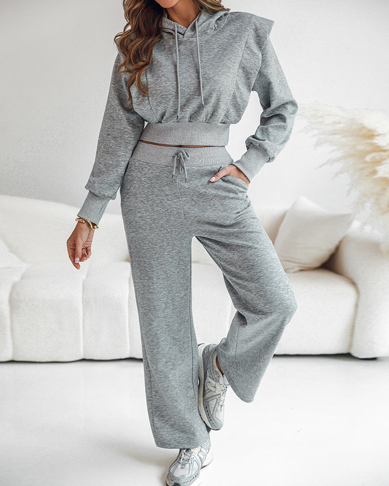 2-teiliges Outfit, langärmliges, kurzes Kapuzenpullover-Sweatshirt mit Kordelzug, Bündchen mit Daumenlöchern und lässigem Jogginghosen-Set mit Kordelzug und elastischer Taille mit weitem Bein 