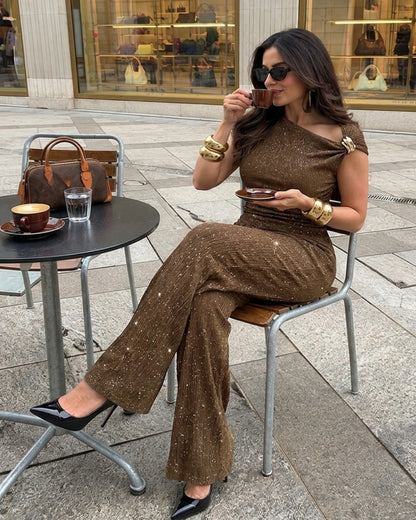 CHICMELIVE Women's Glitter 2 Piece Set One Shoulder Top Wide Leg Pants