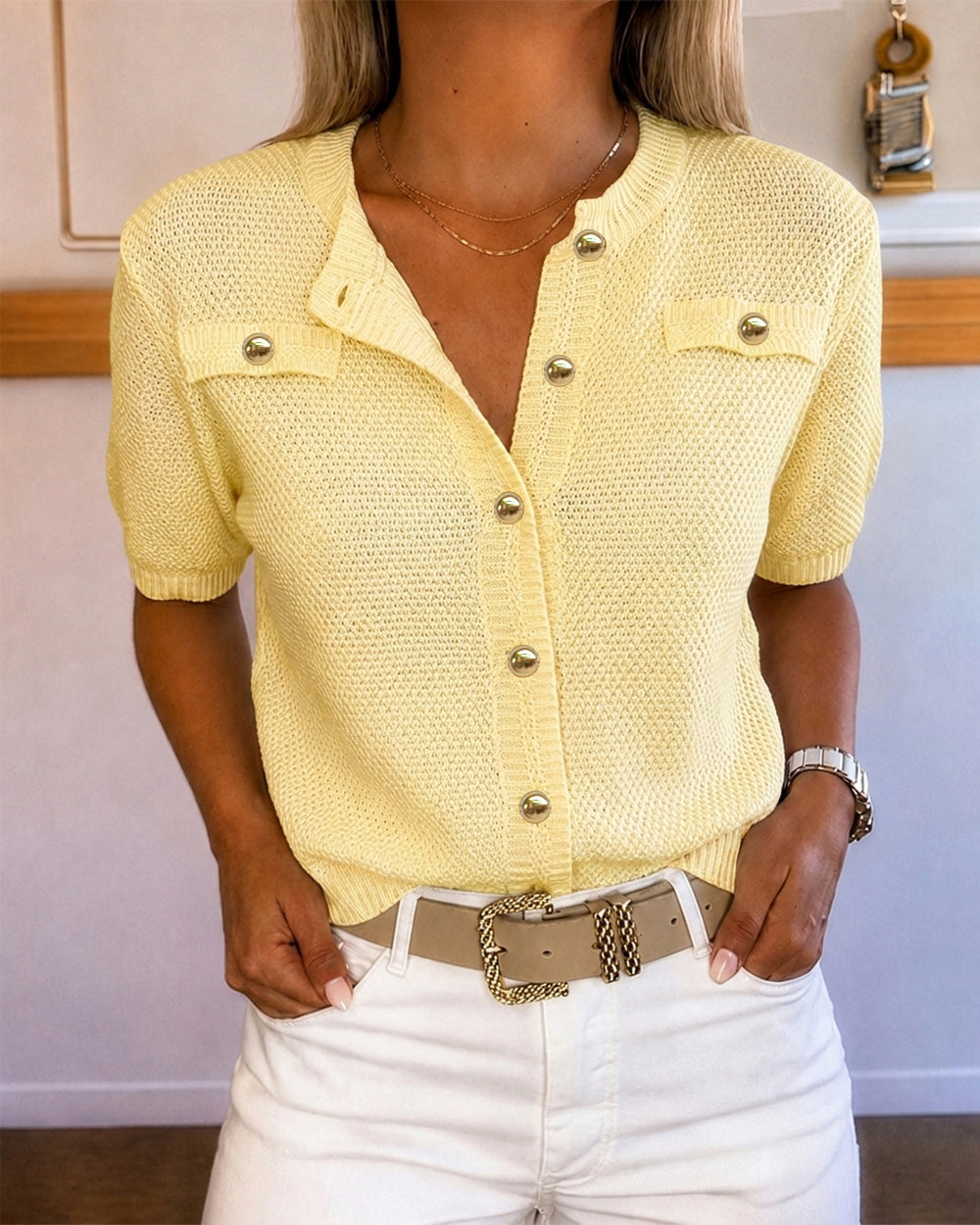 Women's Hollow Out Knit Cardigan Short Sleeve Gold Button Sweater Casual Loose Knitwear Top