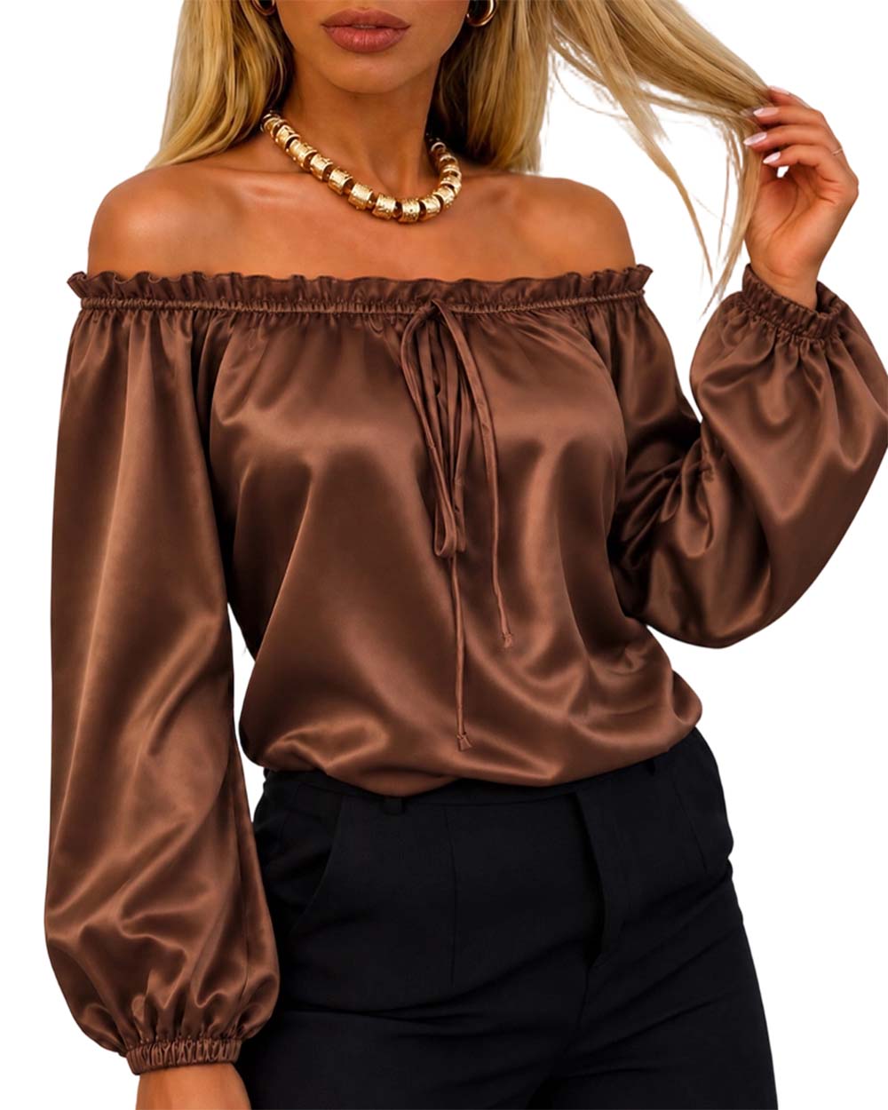 CHICMELIVE Off Shoulder Satin Tops Women Ruffle Tie Front Blouse