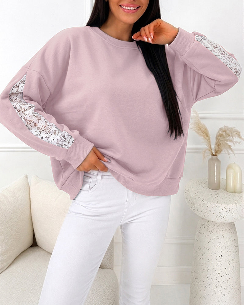 CHICMELIVE Oversized Sweatshirt for Women Lace Sleeve Cutout Fall Pullover