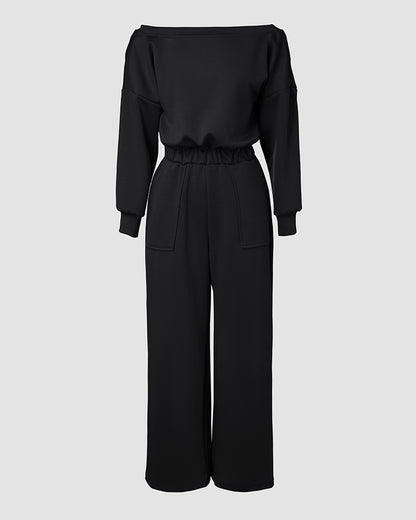 Off Shoulder V-Back Elastic Waist Pockets Design Jumpsuit Casual Drop Shoulder Cinched Waist Wide Leg Jumpsuit