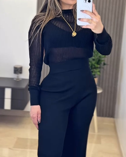 Round Neck Long Sleeve Vertical Pit Texture Top and Casual Wide Leg Pants Set