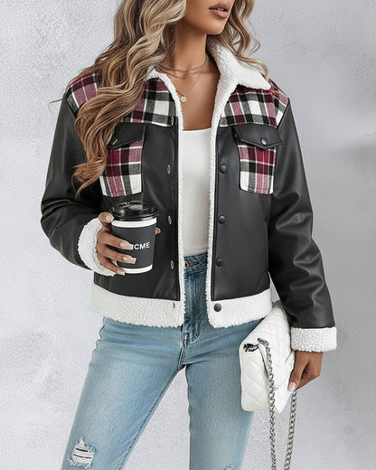 PU Leather Plaid Print Spliced Turn-down Collar Button Front Thermal Lined Jacket Casual Faux Shearling Trim Flap Pockets Design Crop Warm Coat
