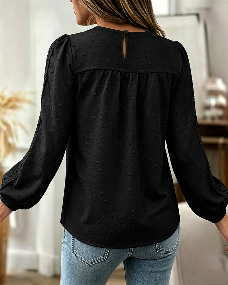 Women's Hollow-Out Lace Spliced Lantern Sleeve Top Elegant 3D Jacquard Chiffon Blouse for Work and Daily Wear