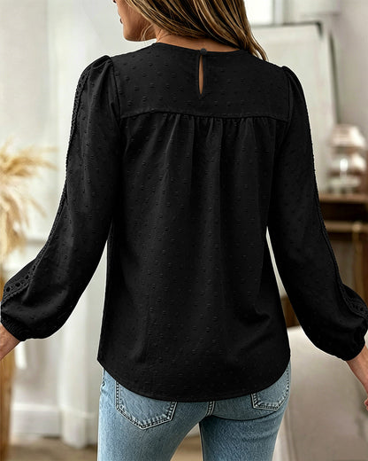 Women's Hollow-Out Lace Spliced Lantern Sleeve Top Elegant 3D Jacquard Chiffon Blouse for Work and Daily Wear
