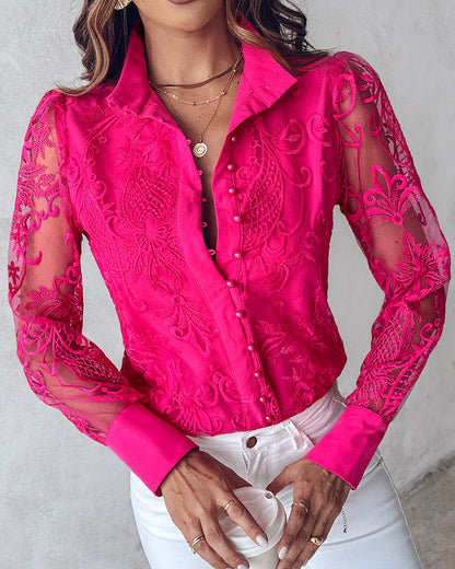 Women's Elegant Mesh Patchwork Shirt Floral Embroidery Stand Collar Pearl Button Long Sleeve Blouse