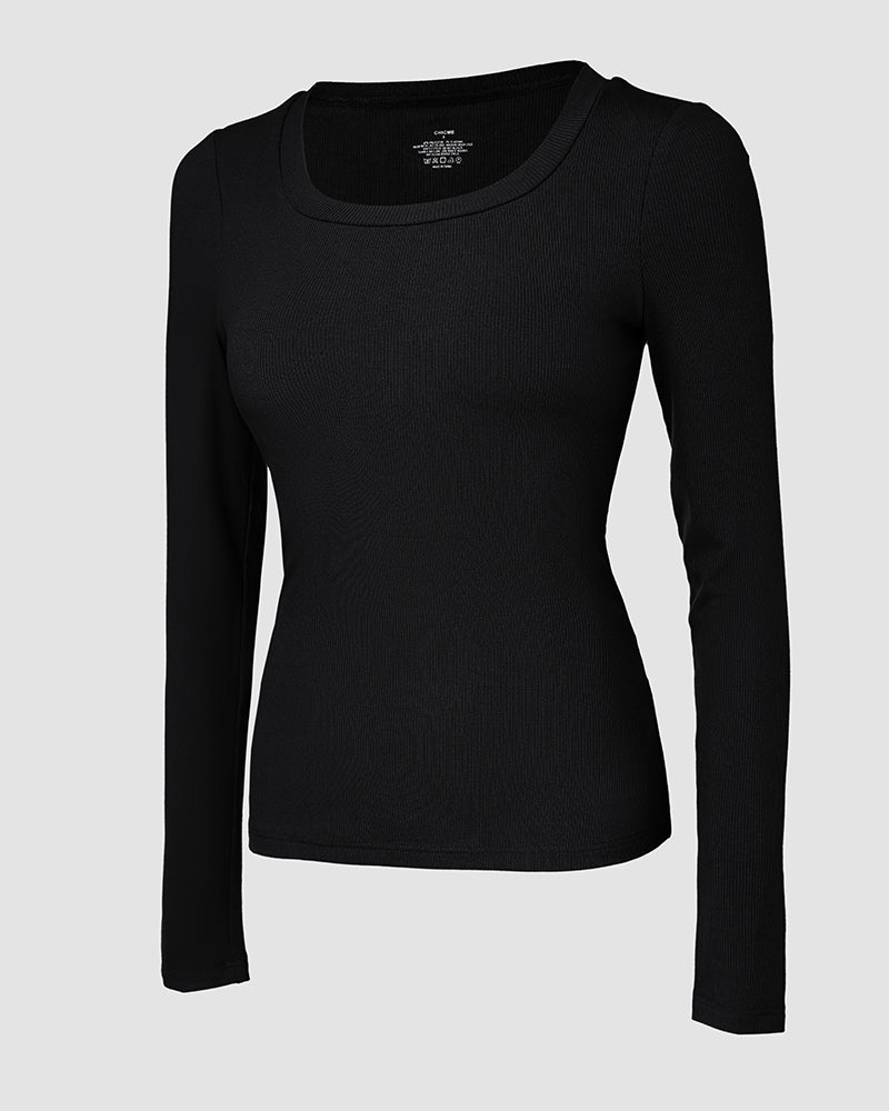 ChicMe Built-in Bra U-Neck Long Sleeve Ribbed Top