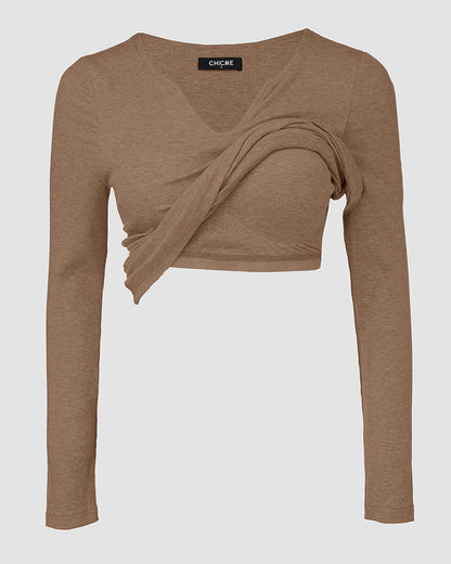 ChicMe Built-in Bra Notch Neck Long Sleeve Shirts Rib-Knit Ruched Waist Top
