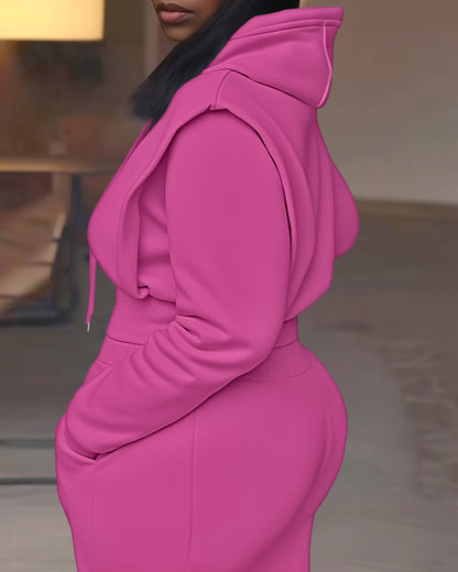 2-teiliges Outfit, langärmliges, kurzes Kapuzenpullover-Sweatshirt mit Kordelzug, Bündchen mit Daumenlöchern und lässigem Jogginghosen-Set mit Kordelzug und elastischer Taille mit weitem Bein 