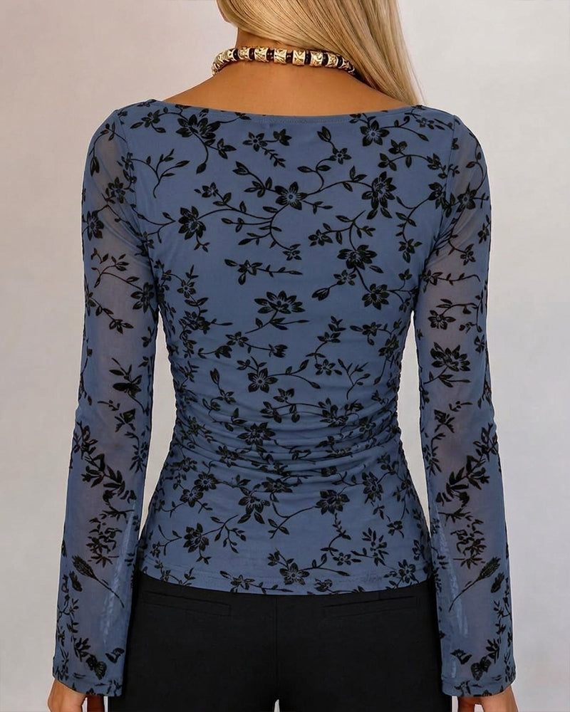 Couture Women's Bell Sleeve Floral Mesh Top