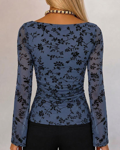 Couture Women's Bell Sleeve Floral Mesh Top