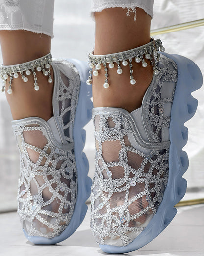Contrast Sequin Sheer Mesh Patch Breathable Sneakers