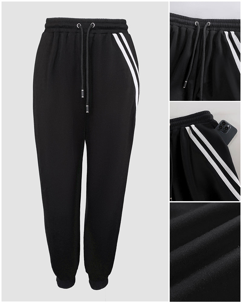 2 Pieces Outfit Colorblock Cold Shoulder Long Sleeve Drawstring Hoodie Top and Casual Contrast Striped Decor Elastic Waist Jogger Pants Set