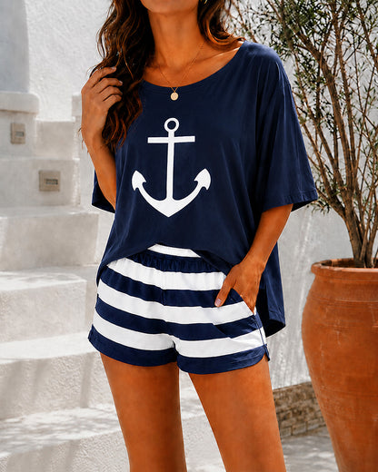 Women's Loungewear Set Anchor Print Side Slit Top and Striped Shorts Set Casual Pajamas Set with Pockets