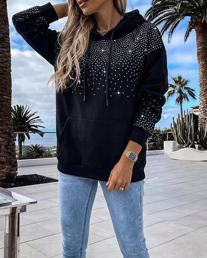 Women's Rhinestone Drawstring Hooded Sweatshirt Casual Sparkly Loose Fit Pullover