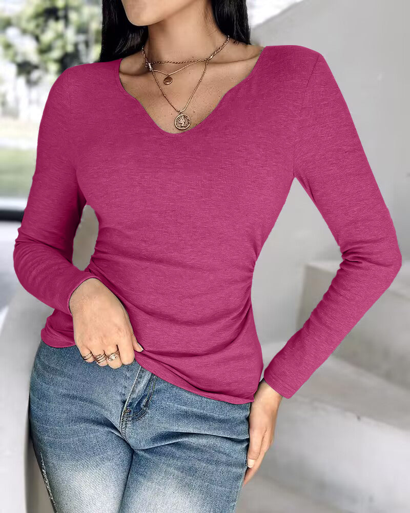 ChicMe Built-in Bra Notch Neck Long Sleeve Shirts Rib-Knit Ruched Waist Top
