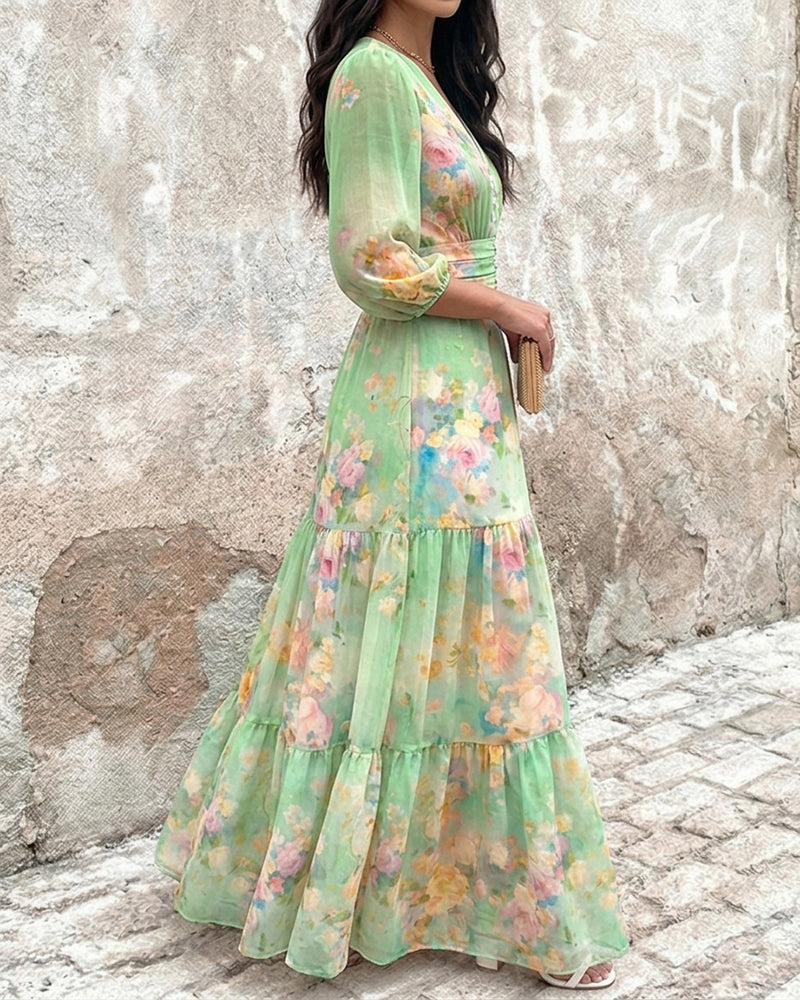 ChicMeLive Women's Watercolor Floral V-Neck Shirred High Waist Maxi Dress Three Quarters Lantern Sleeve A-Line Ruffle Hem Chiffon Vacation Dress