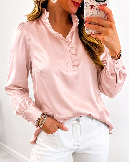 Women's Satin Frill Hem Blouse Long Sleeve Half Button Shirt Elegant Stand Collar Office Work Top
