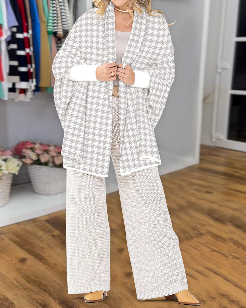 Houndstooth Print Versatile Loose Fit Sweater Coat Casual Warm Cape Shawl