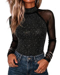 CHICMELIVE Women's Sheer Mesh Rhinestone Top Layering Raglan Long Sleeve Shirt