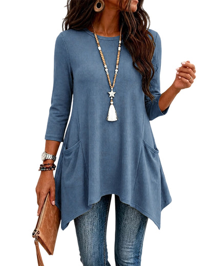 CHICMELIVE Womens 3/4 Sleeve Ribbed Tunic Asymmetrical Hem Loose Top