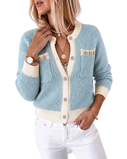 CHICMELIVE Women Contrast Trim Knit Cardigan Elegant Button Front Sweater