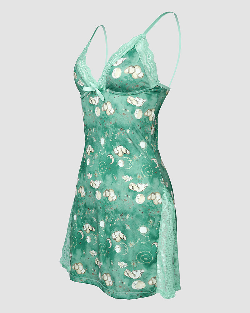 Graphic Print Lace Patch Bowknot Decor Sleep Dress
