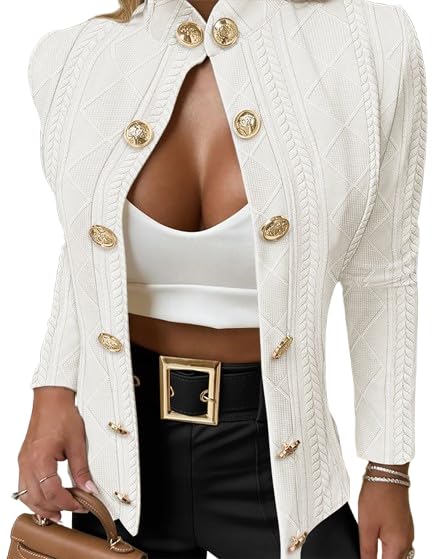 CHICMELIVE Women's Argyle Cable Knit Cropped Jacket Casual Stand Collar Coat