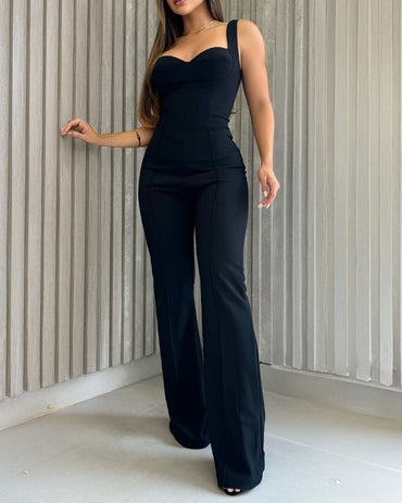 Sweatheart Neck Thick Strap Backless Lace-up Back Overalls Casual Seam Front Wide Leg Jumpsuit