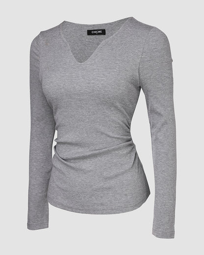 ChicMe Built-in Bra Notch Neck Long Sleeve Shirts Rib-Knit Ruched Waist Top