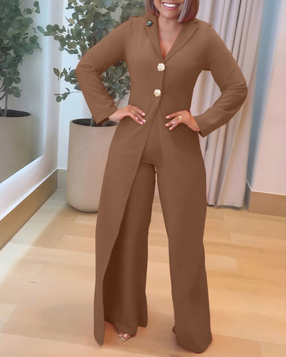 Notched Collar Long Sleeve Button Front Jumpsuit Casual Cinched Waist Wide Leg Faux Two-Piece Jumpsuit
