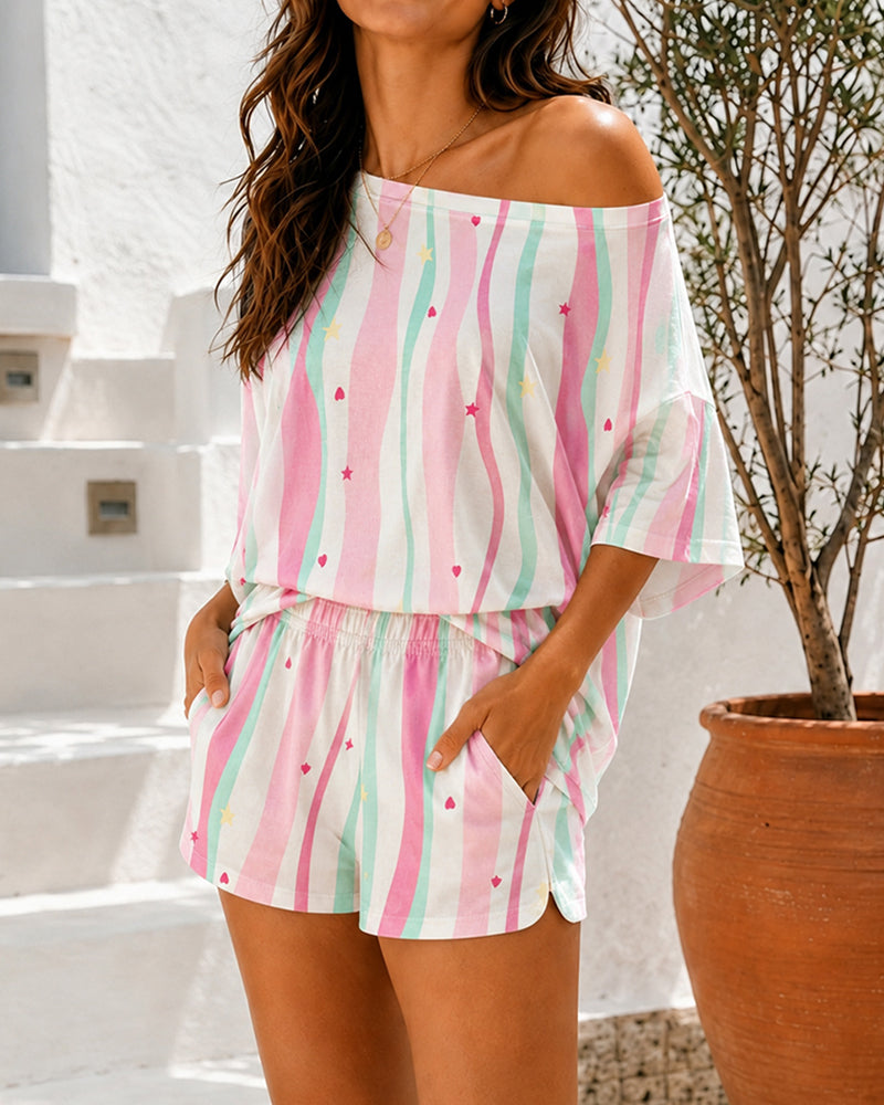 Women's 2 Piece Stripe Heart Star Pajamas Set Convertible Shoulder Loose Half Sleeve Top and Shorts Set Casual Loungewear