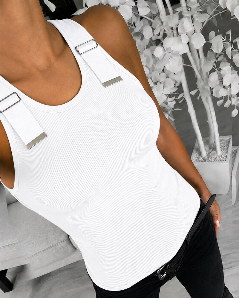 CHICMELIVE Women's Buckle Decor Ribbed Tank Tops Cami Shirts