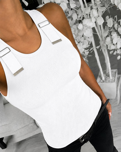 CHICMELIVE Women's Buckle Decor Ribbed Tank Tops Cami Shirts