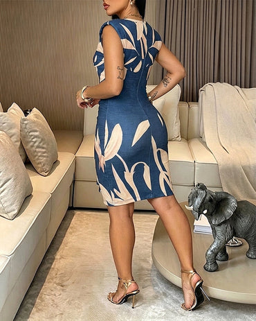 Women's Tropical Print Sleeveless Asymmetrical Hem Dress Slim Fit Draped Ruched Vacation Dress