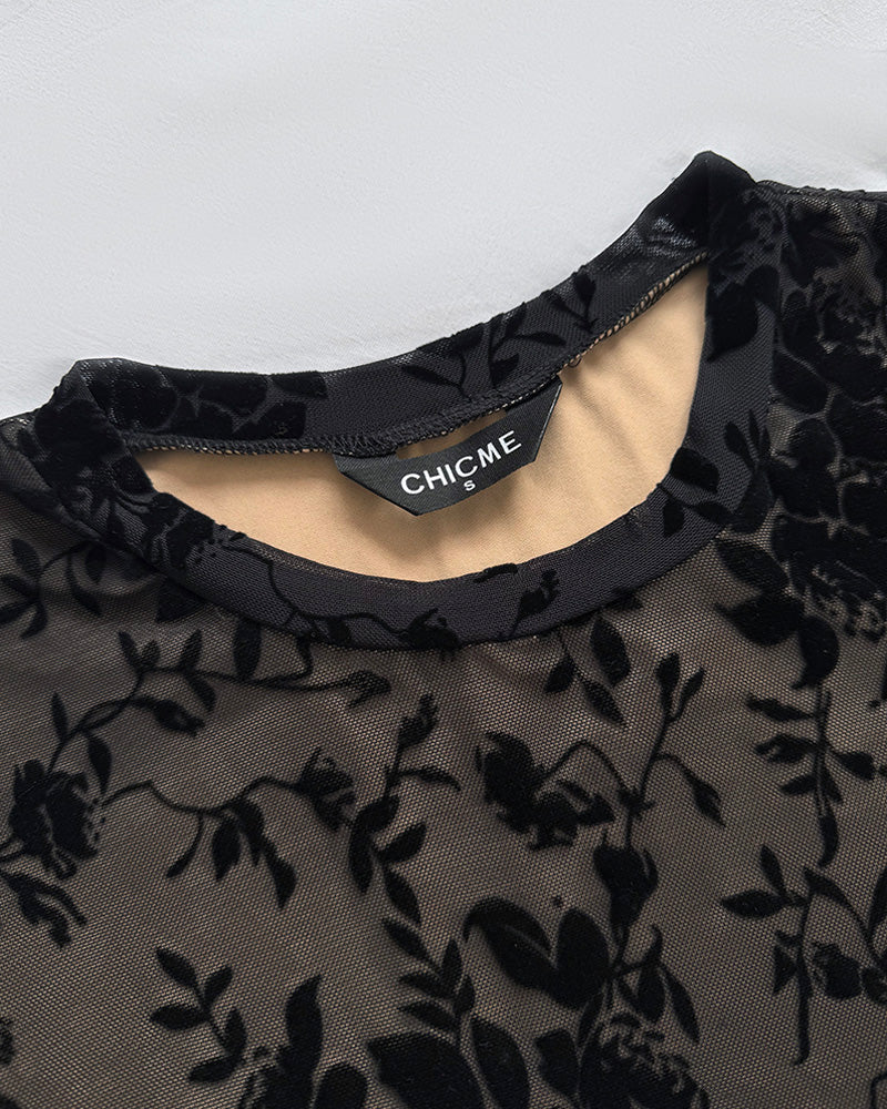 CHICME Women's Flocked Floral Sheer Mesh Long Sleeve Top with Lined