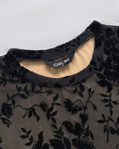 CHICME Women's Flocked Floral Sheer Mesh Long Sleeve Top with Lined