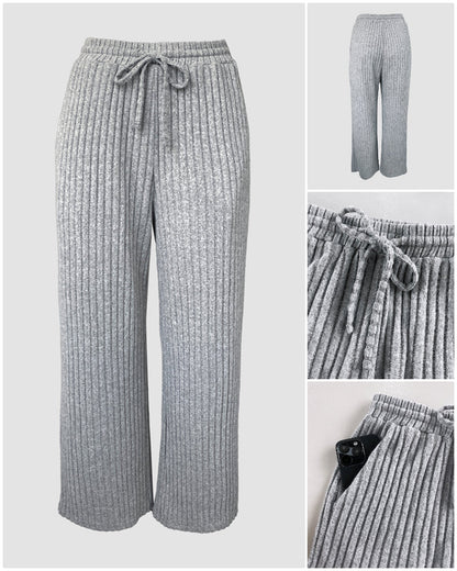 Women's Ribbed Knit Lounge Set Lace Trim Square Neck Long Sleeve Top and Straight Leg Drawstring Pants with Pockets