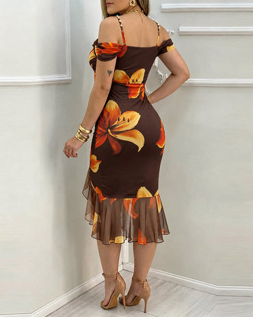 Women's Vintage Floral Print Bodycon Dress Cowl Neck Adjustable Pearls Straps Mermaid Dress Elegant Side Slit Evening Gown