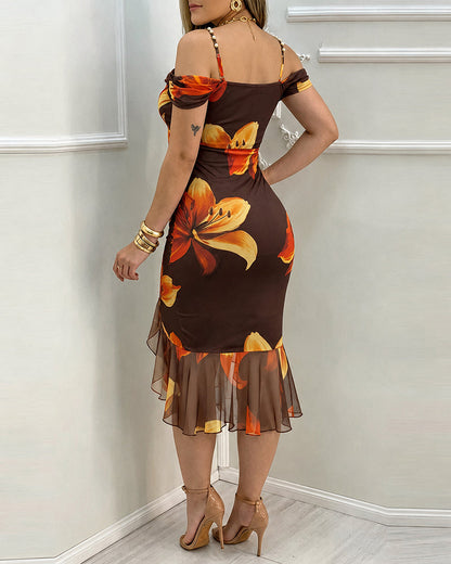 Women's Vintage Floral Print Bodycon Dress Cowl Neck Adjustable Pearls Straps Mermaid Dress Elegant Side Slit Evening Gown