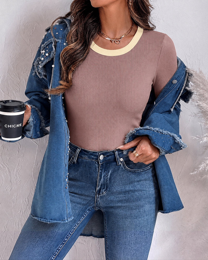CHICMELIVE Women's Ribbed Long Sleeve Shirts Contrast Crewneck Fitted Basic Tee