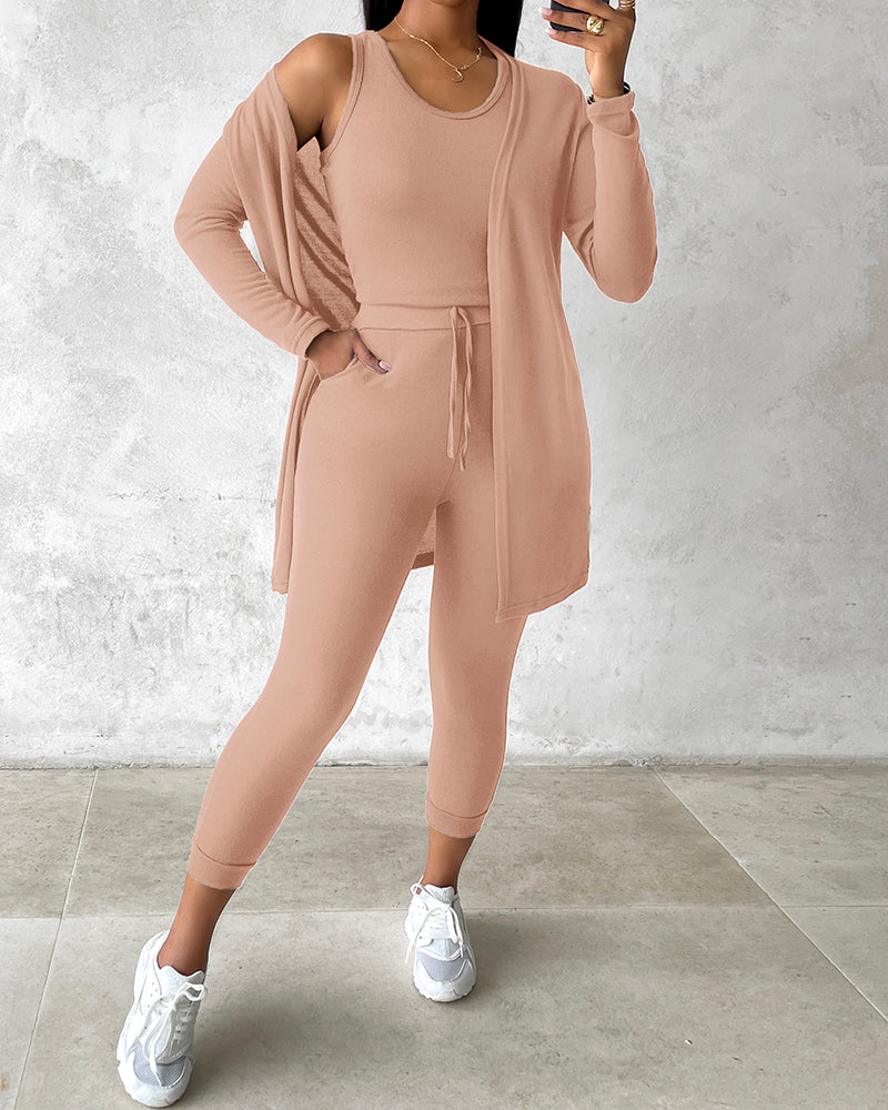 3 Piece Lounge Set Crewneck Sleeveless Tank Top Long Sleeve Open Front Coat Pants Sweatsuit